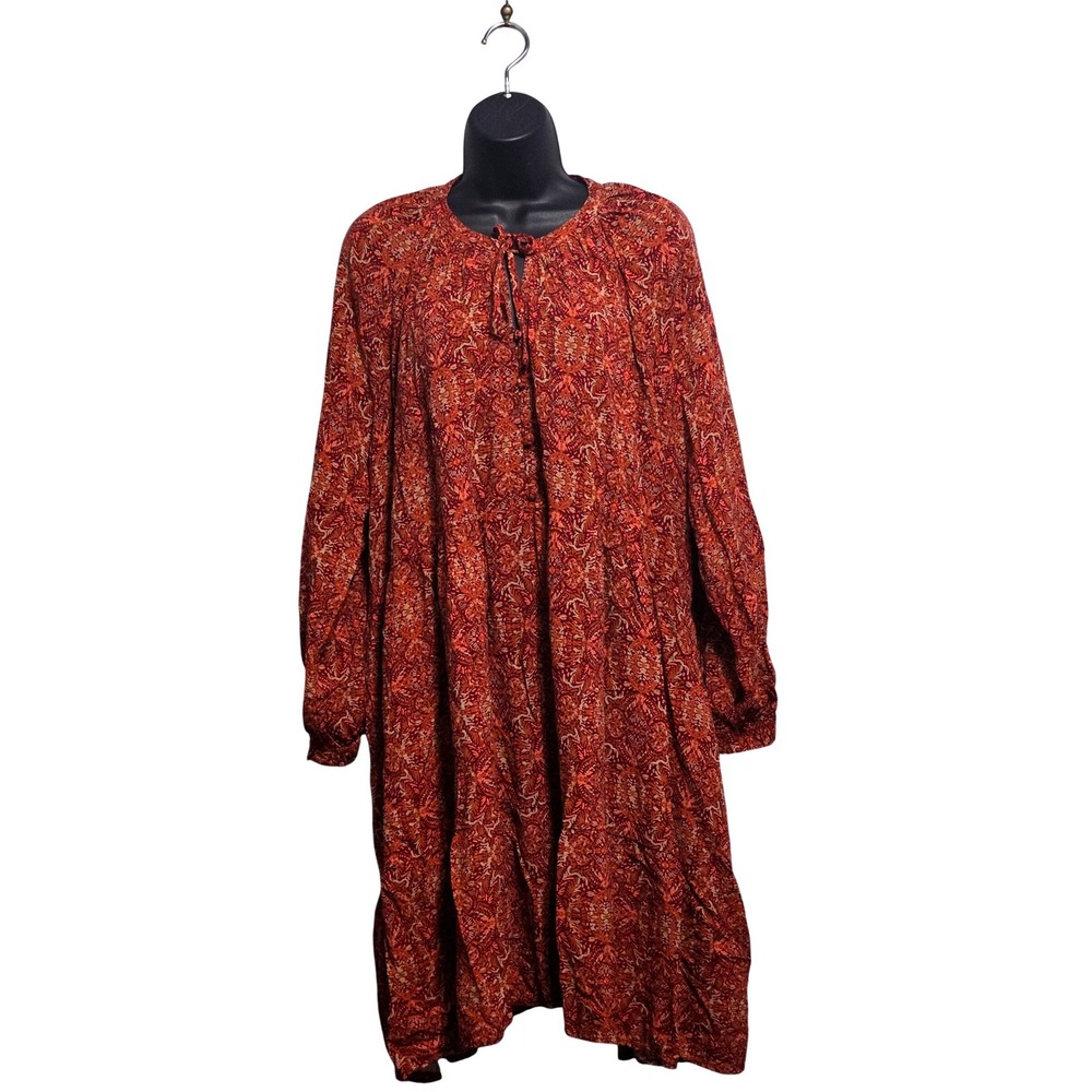 Terra & Sky Womens 3X Plus Rust Orange Paisley Long Sleeve Tie Neck Midi Dress